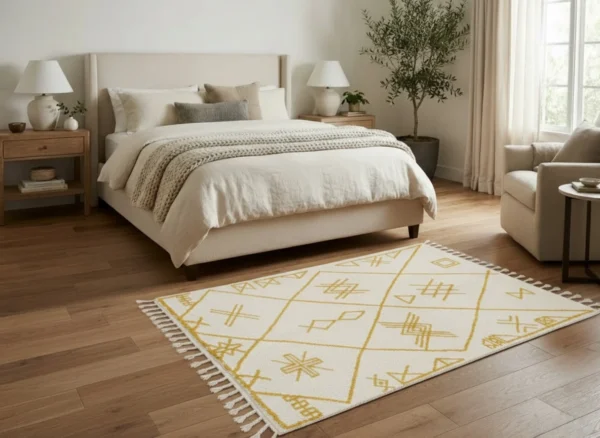 Tapis Azilal ivoire aux motifs safran installé dans une chambre contemporaine