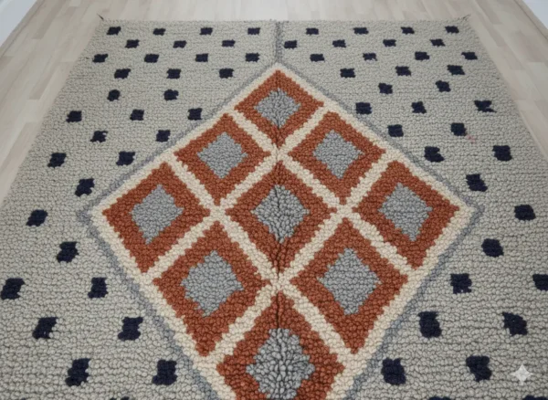 Vue de dessus du médaillon géométrique terracotta et des points bleu nuit