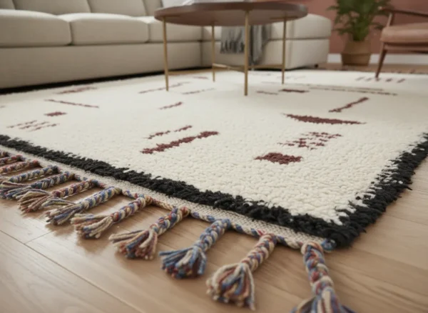 tapis-azilal-signes-grenat-franges-colorees-04 Détail des franges multicolores et de la bordure noire du tapis Azilal