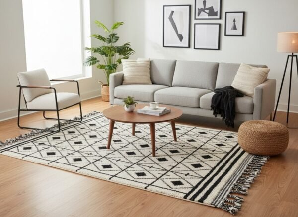 Tapis Beni Ouarain Diamants Berbères présenté dans un salon contemporain
