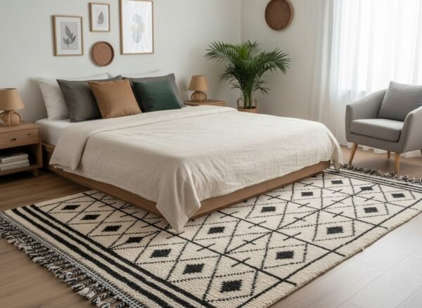 Tapis Beni Ouarain Diamants Berbères placé dans une chambre chaleureuse