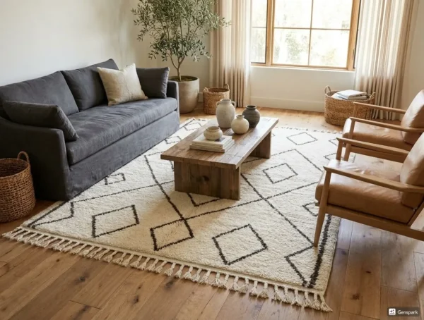 Tapis Beni Ouarain Losanges Atlas dans un salon contemporain