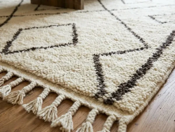 Détail du bord, des franges et des lignes brunes du tapis Beni Ouarain