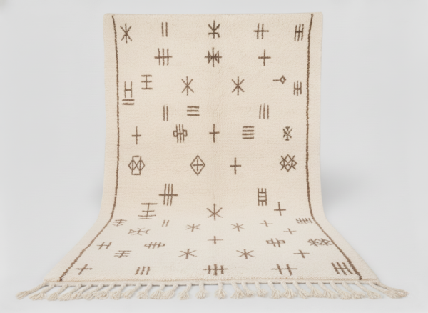 Tapis Beni Ouarain Signes Taupe sur Ivoire – vue complète avec bordure et franges