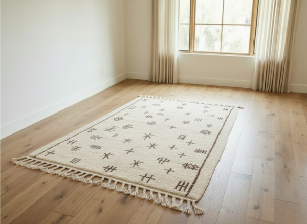 Vue en perspective du tapis Beni Ouarain ivoire et brun taupe